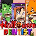 Bốn nhân vật hóa trang Halloween đang mở miệng, để lộ niềng răng, với từ Halloween Dentist ở phía trước