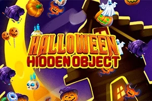 Chữ Halloween Hidden Object nổi bật trên nền hình ảnh đầy bí ngô, hồn ma và lâu đài ma quái