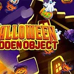 Chữ Halloween Hidden Object nổi bật trên nền hình ảnh đầy bí ngô, hồn ma và lâu đài ma quái