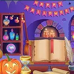 Hình ảnh hiển thị một phòng trang trí Halloween với bí ngô, sách mở, lông vũ, nến và kẹo trong không gian phép thuật đầy màu sắc