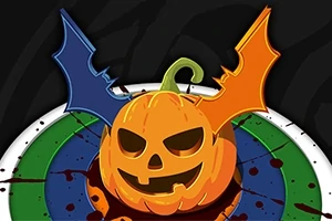 Quả bí ngô Halloween có cánh dơi màu xanh và cam, trên nền tròn với vết máu