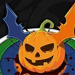 Quả bí ngô Halloween có cánh dơi màu xanh và cam, trên nền tròn với vết máu