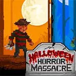 Hai nhân vật kinh dị đứng đối diện nhau trong một khung cảnh rừng với tiêu đề Halloween Horror Massacre trên một tấm bia mộ