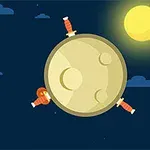 Mặt trăng với ba thanh kiếm cắm vào, trên bầu trời đêm với vài đám mây nhỏ và mặt trời rực sáng