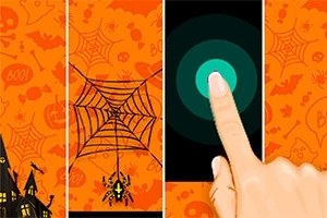 Hình ảnh có nền cam với các biểu tượng Halloween như mạng nhện và nhện, bên cạnh là ngón tay chạm vào màn hình điện thoại