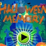 Hình ảnh với tiêu đề Halloween Memory cùng hình ảnh lăng mộ, quả bí ngô, và vạc nấu đang bốc khói trên nền tối