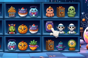 Hình ảnh hiển thị kệ đồ chơi Halloween với các hình dạng như mèo, bí ngô, bộ xương và xác ướp