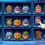 Hình ảnh hiển thị kệ đồ chơi Halloween với các hình dạng như mèo, bí ngô, bộ xương và xác ướp