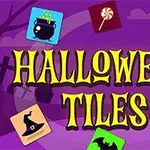 Hình ảnh có chữ HALLOWEEN TILES với các biểu tượng Halloween như nồi phép thuật, ma, kẹo, bí ngô, phù thủy và dơi trên nền tím