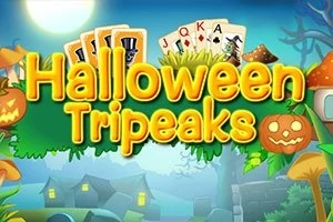 Chữ Halloween Tripeaks nổi bật trên nền hình ảnh Halloween với bí ngô, nấm và những lá bài ở phía trên