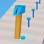 Búa gỗ màu xanh dương chuẩn bị đóng đinh trên một bề mặt có các hàng đinh xanh