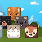 Hình ảnh các khối vuông có gương mặt động vật dễ thương trên nền cảnh núi non và bầu trời xanh