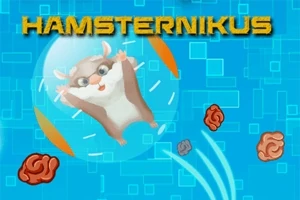 Một chú chuột hamster trong quả bóng trong suốt với nền màu xanh và dòng chữ HAMSTERNIKUS