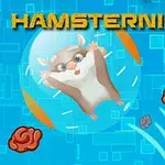 Một chú chuột hamster trong quả bóng trong suốt với nền màu xanh và dòng chữ HAMSTERNIKUS