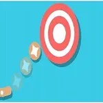 Hình ảnh có nền xanh với một vật hình L đang bay về phía mục tiêu, gồm một vòng tròn đỏ và trắng