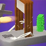 Hình ảnh mô tả một guillotone bằng gỗ và kim loại, với một tay và chân đang bị kẹt bên trong, bên cạnh là biểu tượng thánh giá và chồng tiền màu xanh lá cây