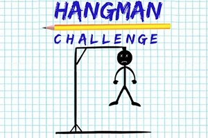 Hình vẽ trên giấy kẻ ô vuông với một người que bị treo cổ trên giá treo và có dòng chữ HANGMAN CHALLENGE