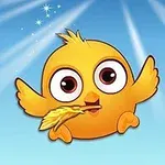 Chú gà con màu vàng với đôi mắt to tròn đang ngậm một chiếc lông vũ vàng, trên nền trời xanh với các tia sáng và ngôi sao nhỏ