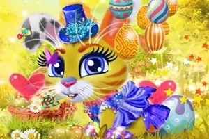 Con mèo dễ thương đeo nơ xanh và đội mũ đang ở một khung cảnh màu vàng tươi sáng với bong bóng đầy màu sắc và giỏ hoa