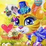 Con mèo dễ thương đeo nơ xanh và đội mũ đang ở một khung cảnh màu vàng tươi sáng với bong bóng đầy màu sắc và giỏ hoa