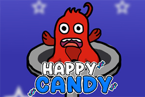Sinh vật màu đỏ với biểu cảm hài hước bên trong một ống kim loại với dòng chữ Happy Candy phía dưới, trên nền xanh có các ngôi sao