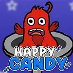 Sinh vật màu đỏ với biểu cảm hài hước bên trong một ống kim loại với dòng chữ Happy Candy phía dưới, trên nền xanh có các ngôi sao