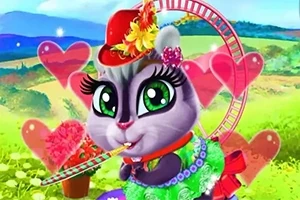 Chú mèo hoạt hình với đôi mắt to, đội mũ đỏ và váy xanh dễ thương, trên nền phong cảnh đồng quê với những trái tim màu hồng