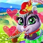 Chú mèo hoạt hình với đôi mắt to, đội mũ đỏ và váy xanh dễ thương, trên nền phong cảnh đồng quê với những trái tim màu hồng