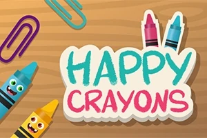 Hình ảnh có ba bút sáp màu với khuôn mặt vui vẻ và dòng chữ HAPPY CRAYONS trên nền gỗ cùng với vài chiếc kẹp giấy