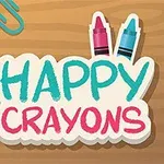Hình ảnh có ba bút sáp màu với khuôn mặt vui vẻ và dòng chữ HAPPY CRAYONS trên nền gỗ cùng với vài chiếc kẹp giấy