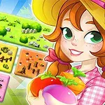 Cô gái đội mũ rộng vành đang cầm rau củ, với các ô vuông nhiều màu sắc hiển thị cảnh quan nông trại