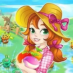 Cô gái đội mũ rơm cầm rau củ đứng giữa cảnh đồng quê xanh mướt với cối xay gió và máy móc nông nghiệp xung quanh