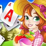 Cô gái tóc nâu đội nón rộng vành cầm rau củ đứng trước khung cảnh tự nhiên với các lá bài bay xung quanh