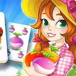 Một cô gái đội mũ rộng vành đang cầm các loại rau củ, bên cạnh là các quân bài có hình quả sồi và củ cải, trên nền trời xanh