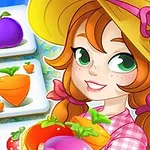 Cô gái đội mũ rộng vành cầm các loại nông sản tươi như cà rốt và quả dâu tây, phía sau là các ô có hình trái cây và rau củ trên nền màu xanh