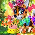 Một con vật nhỏ có đốm với mắt to, đội mũ và mặc áo, đứng trước bát thức ăn, xung quanh là cảnh nền rừng rực rỡ với nấm và ánh sáng lung linh
