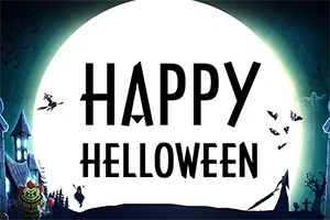 Hình ảnh một mặt trăng lớn với dòng chữ Happy Halloween và các yếu tố Halloween như phù thủy trên chổi, ngôi nhà ma ám và đàn dơi bay