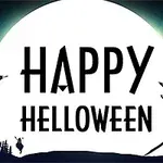 Hình ảnh một mặt trăng lớn với dòng chữ Happy Halloween và các yếu tố Halloween như phù thủy trên chổi, ngôi nhà ma ám và đàn dơi bay