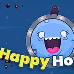 Một khuôn mặt tròn, màu xanh, với biểu cảm vui vẻ bên trong vòng kim loại, chữ Happy Hopper in trên nền xanh cùng nhiều sao nhỏ xung quanh
