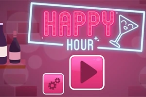 Biển hiệu neon màu hồng ghi Happy Hour với biểu tượng ly cocktail và hai biểu tượng nút bấm phía dưới