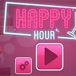 Biển hiệu neon màu hồng ghi Happy Hour với biểu tượng ly cocktail và hai biểu tượng nút bấm phía dưới