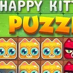 Hình ảnh có tiêu đề Happy Kittens Puzzle với các ô vuông gồm mèo vui màu cam và mèo giận dữ màu đỏ, cùng một ngón tay đang chỉ vào một con mèo màu đỏ