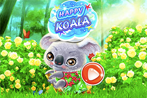 Một chú gấu koala dễ thương đứng giữa khung cảnh vườn hoa rực rỡ với logo Happy Koala phía trên
