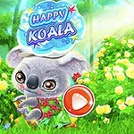 Một chú gấu koala dễ thương đứng giữa khung cảnh vườn hoa rực rỡ với logo Happy Koala phía trên