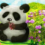 Gấu trúc dễ thương đang ăn bánh giữa khu vườn hoa màu tím
