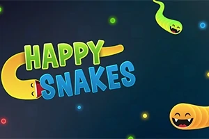 Những con rắn hoạt hình màu sắc với gương mặt vui vẻ trên nền tối kèm dòng chữ HAPPY SNAKES