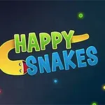 Những con rắn hoạt hình màu sắc với gương mặt vui vẻ trên nền tối kèm dòng chữ HAPPY SNAKES