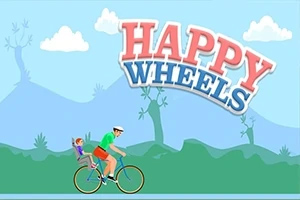 Happy Wheels Người đàn ông đội mũ bảo hiểm đạp xe chở đứa trẻ nhỏ, với bối cảnh núi non và tên trò chơi HAPPY WHEELS phía trên
