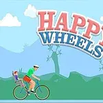 Happy Wheels Người đàn ông đội mũ bảo hiểm đạp xe chở đứa trẻ nhỏ, với bối cảnh núi non và tên trò chơi HAPPY WHEELS phía trên
