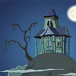 Ngôi nhà ma ám trên đồi với cây khô bên cạnh, trăng tròn và dơi bay trong bầu trời đêm